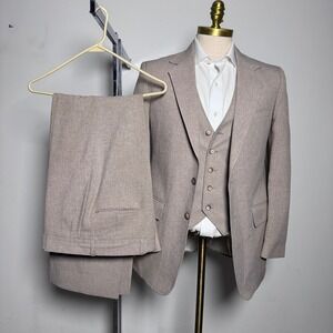 Sears Perma Prest 3-Piece Suit Mens 38R 31x30 Tan Solid Vintage 2-Button Blazer